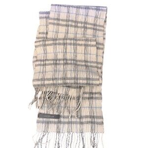 Ann Taylor 100% wool extra long crinkled plaid scarf, cream gray & blue